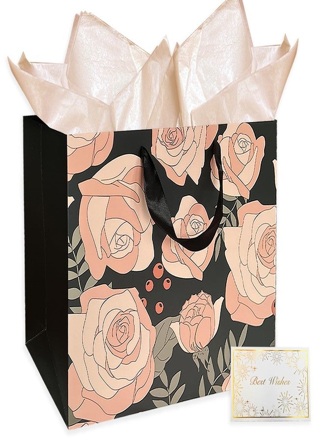 AMROSE Large 13’’ Rose Gift Bags with Card and Tissue Paper, Recyclable Paper Gift Bag for Birthdays, Mother's Day, Wedding, Engagement, Valentine's Day, Parties and more, Black - Image 1